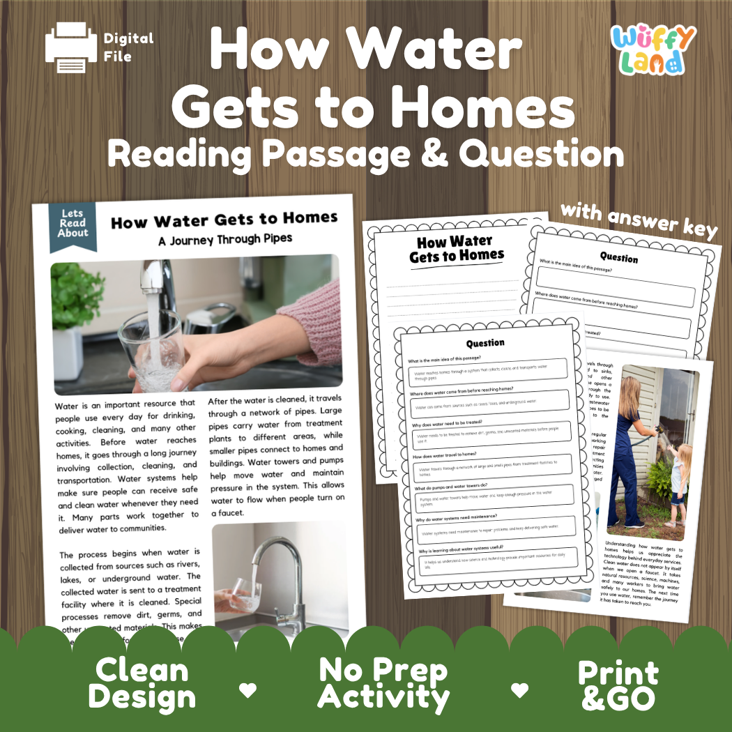 How Water Gets to Homes reading comprehension passage and questions activity pack with full answer key for students