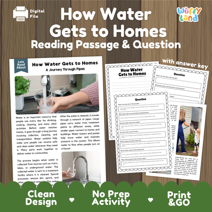 How Water Gets to Homes reading comprehension passage and questions activity pack with full answer key for students