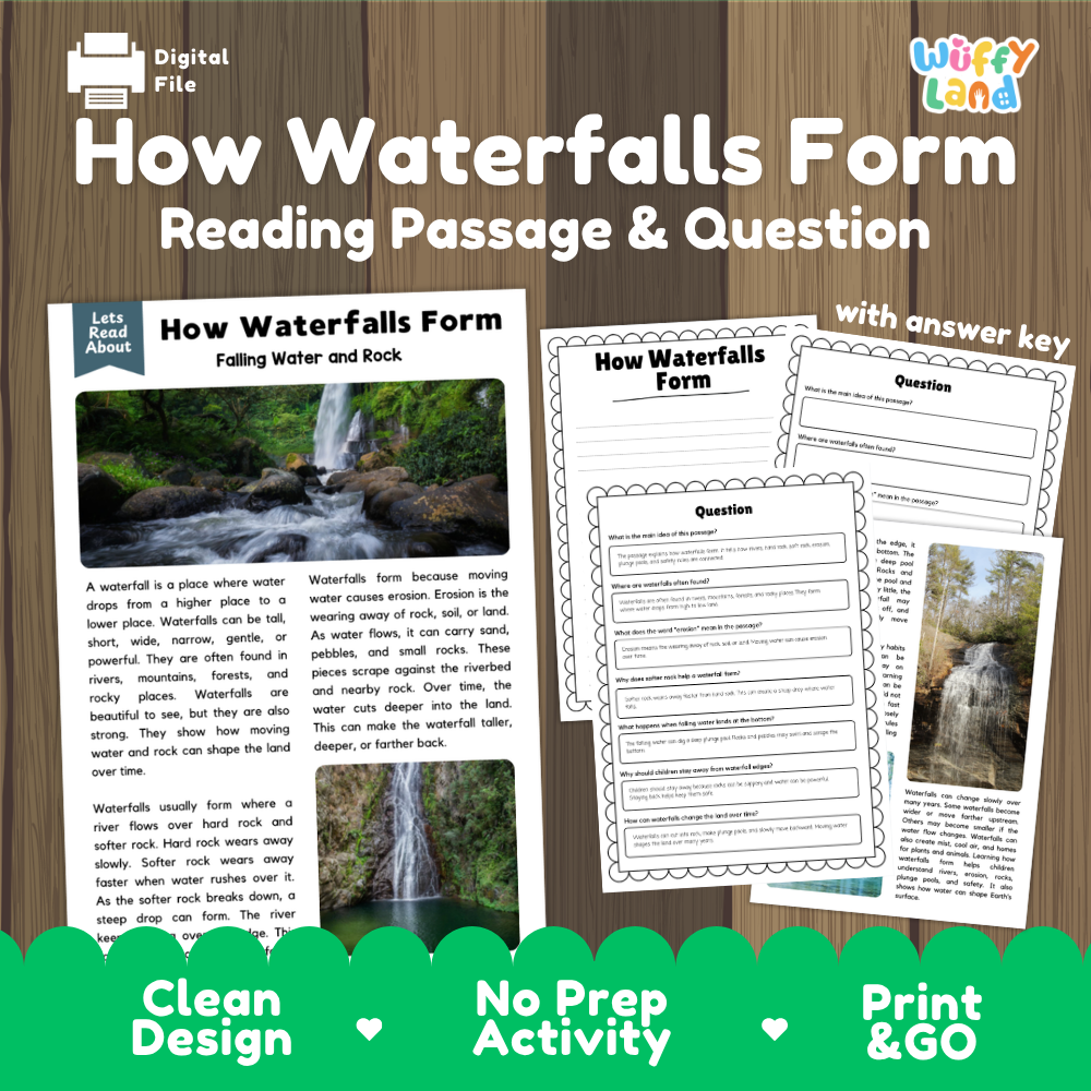 How waterfalls form reading comprehension passage and questions printable activity pack with answer key for elementary students