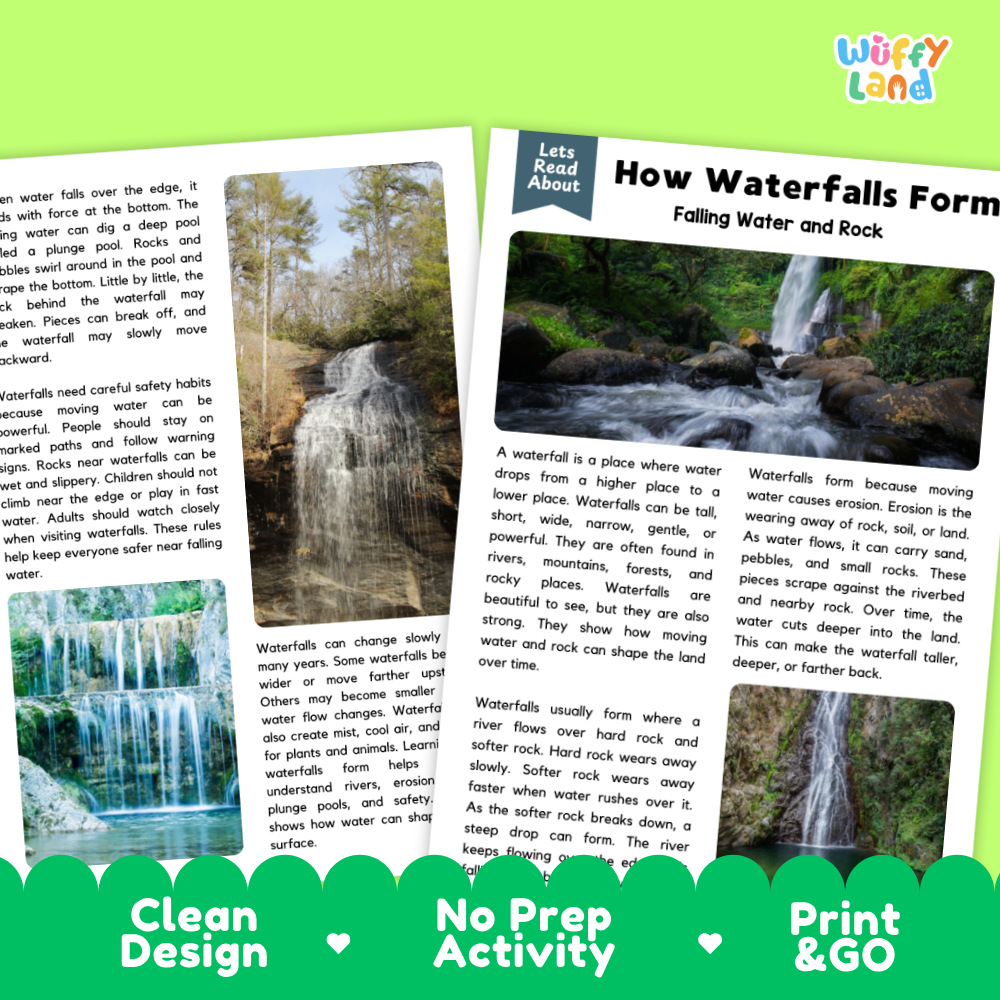 Teacher answer key page showing complete question solutions for how waterfalls form reading comprehension practice