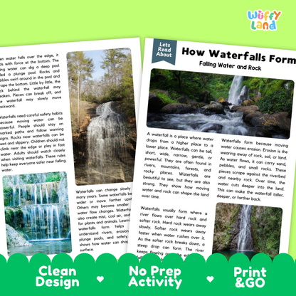 Teacher answer key page showing complete question solutions for how waterfalls form reading comprehension practice