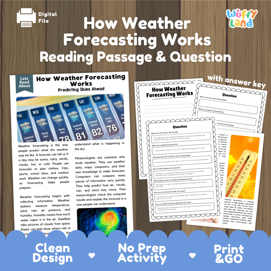 How Weather Forecasting Works reading comprehension passage and questions printable activity pack with answer key for elementary students