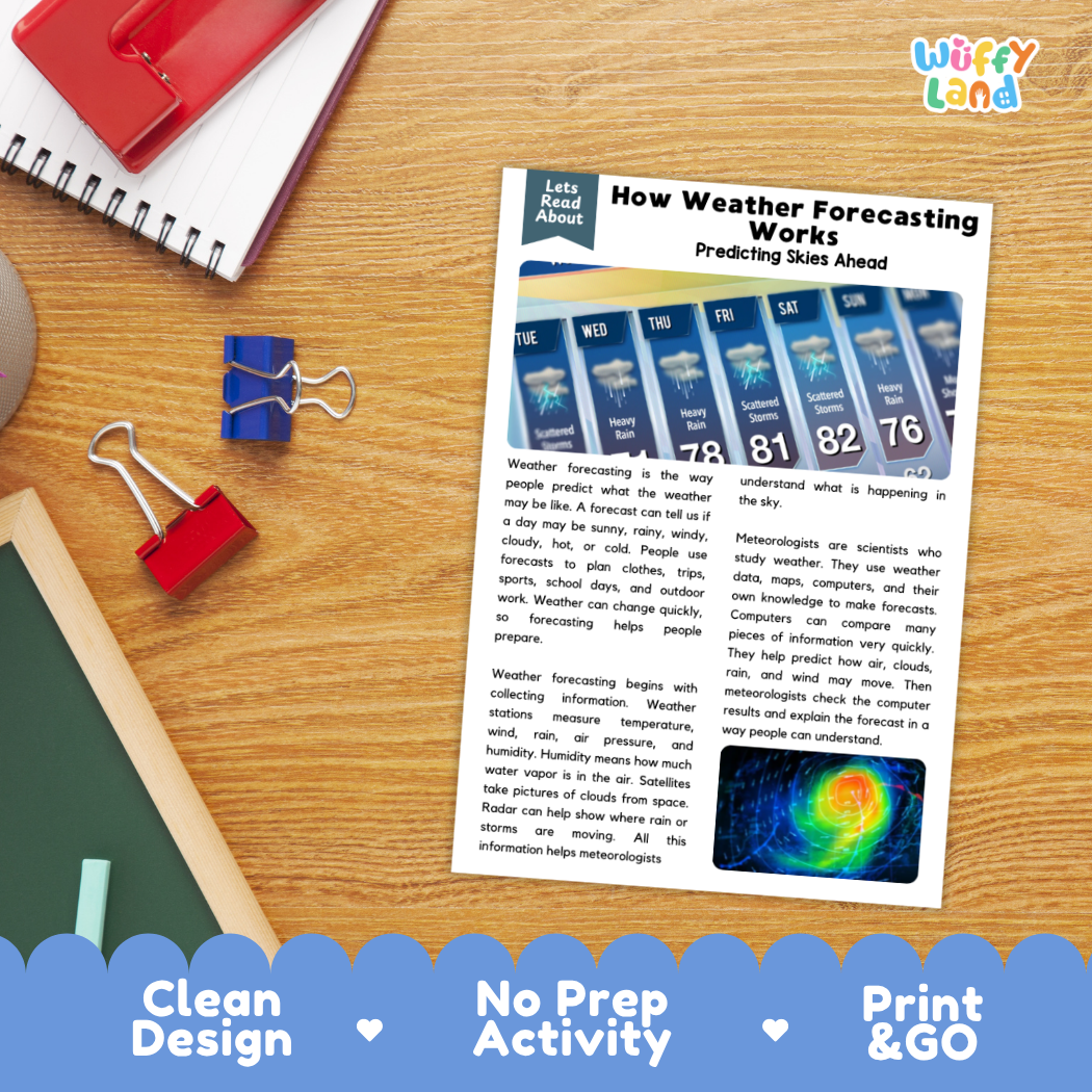 Student reading comprehension worksheet with short-answer questions and lined sections about how weather forecasting works
