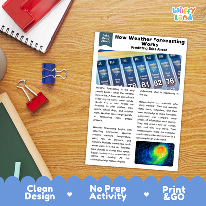 Student reading comprehension worksheet with short-answer questions and lined sections about how weather forecasting works