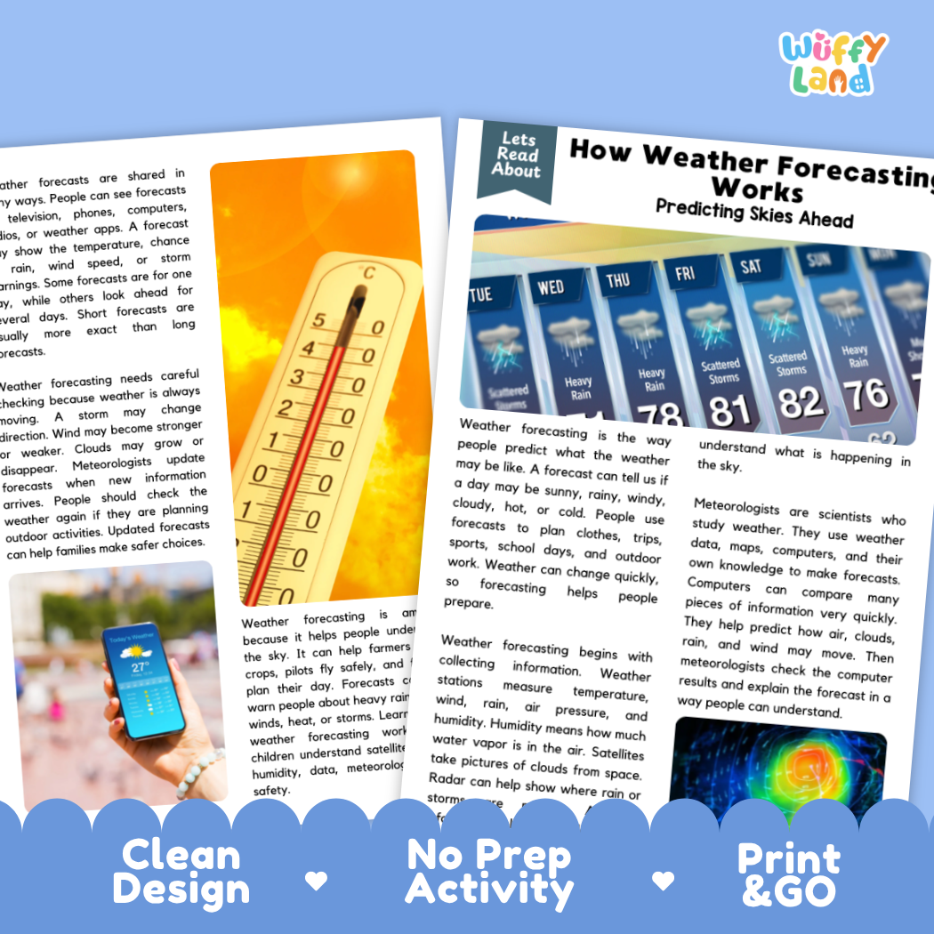 Teacher answer key page showing complete question solutions for weather forecasting and Earth science reading comprehension practice