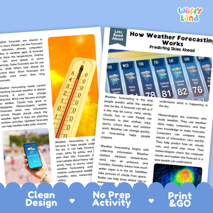 Teacher answer key page showing complete question solutions for weather forecasting and Earth science reading comprehension practice
