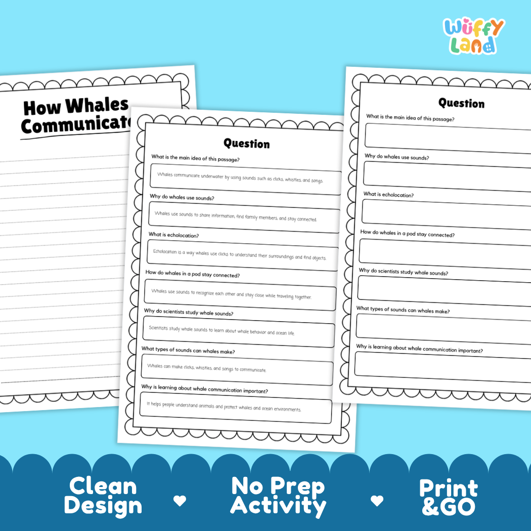 Educational reading passage explaining echolocation, clicks, whistles, and how whales communicate