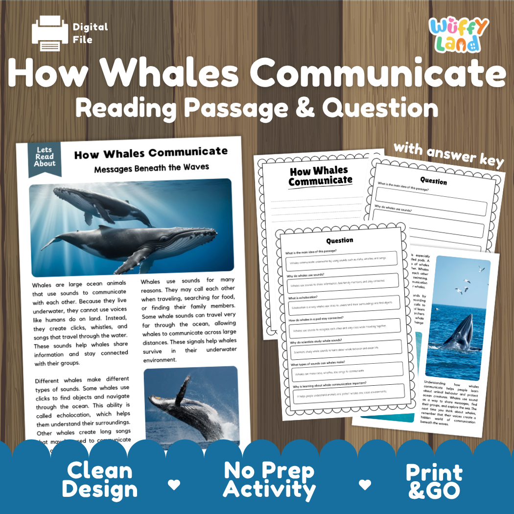 How Whales Communicate reading comprehension passage and questions activity pack with full answer key for students