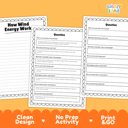 Informational reading passage page detailing wind energy turbines blades generator electricity renewable power and weather safety