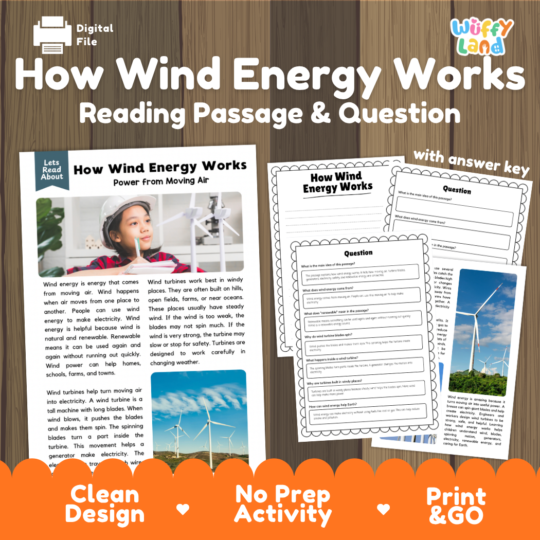 How wind energy works reading comprehension passage and questions printable activity pack with answer key for elementary students