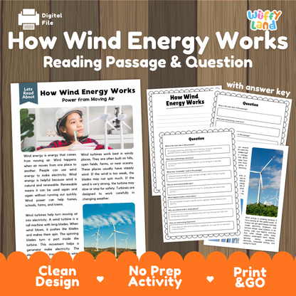 How wind energy works reading comprehension passage and questions printable activity pack with answer key for elementary students