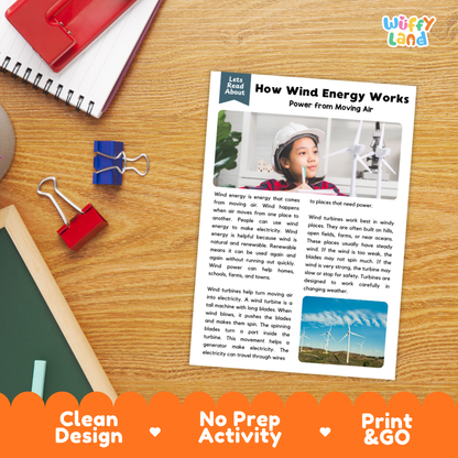 Student reading comprehension worksheet with short-answer questions and lined sections about how wind energy works