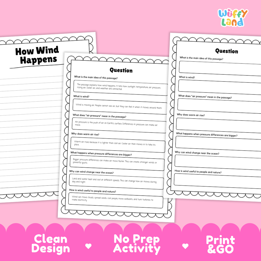 Educational reading passage explaining solar heating, air pressure differences, and how wind moves around Earth