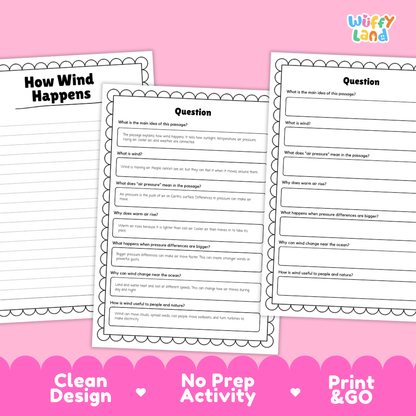 Educational reading passage explaining solar heating, air pressure differences, and how wind moves around Earth