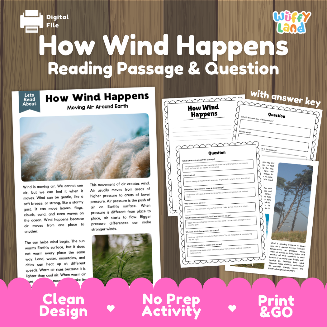 How Wind Happens reading comprehension passage and questions activity pack with full answer key for students