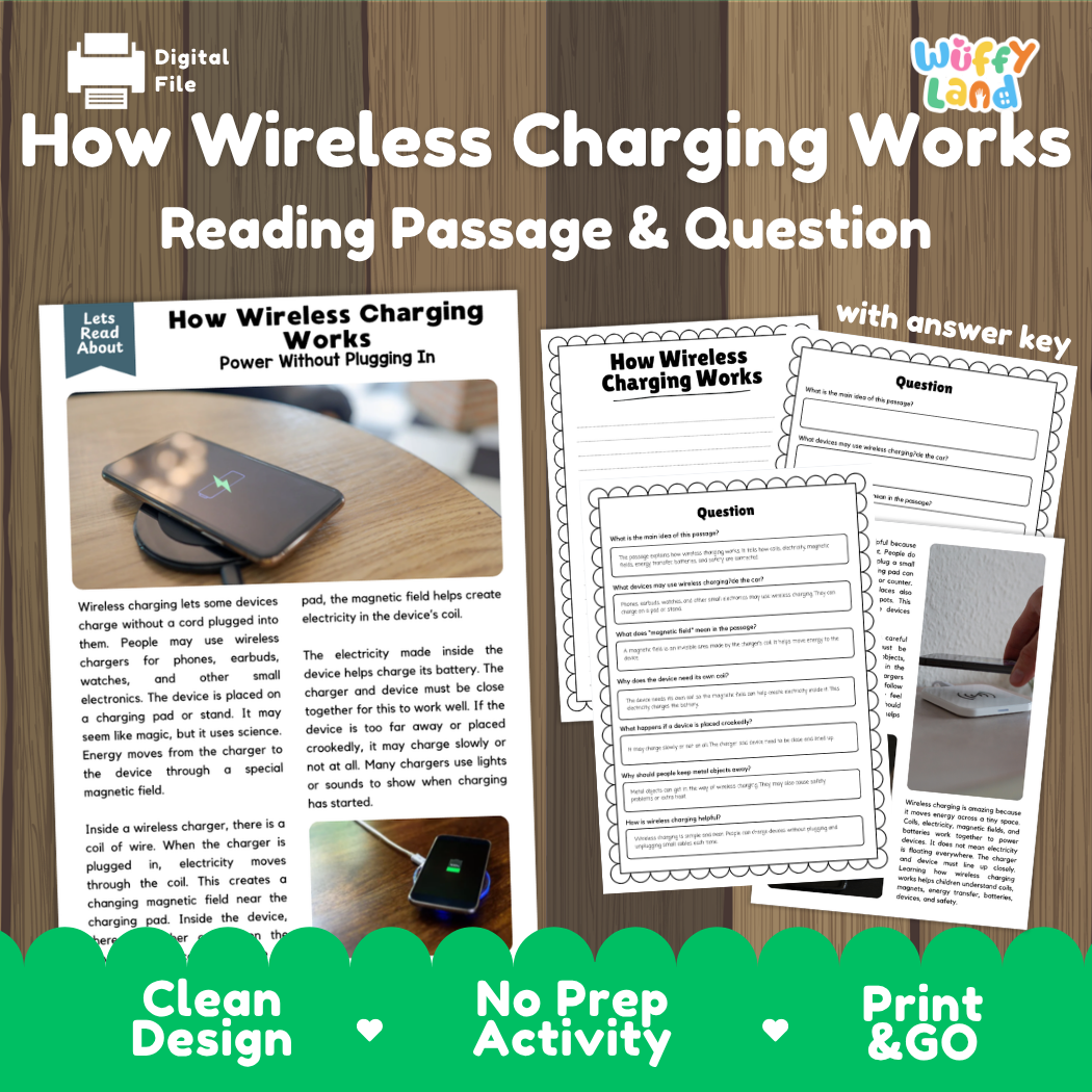 How wireless charging works reading comprehension passage and questions printable activity pack with answer key for elementary students