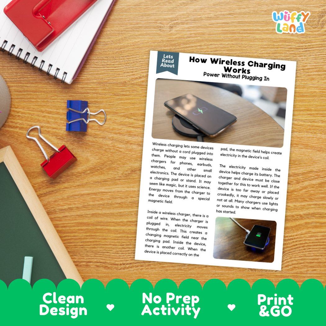 Student reading comprehension worksheet with short-answer questions and lined sections about how wireless charging works