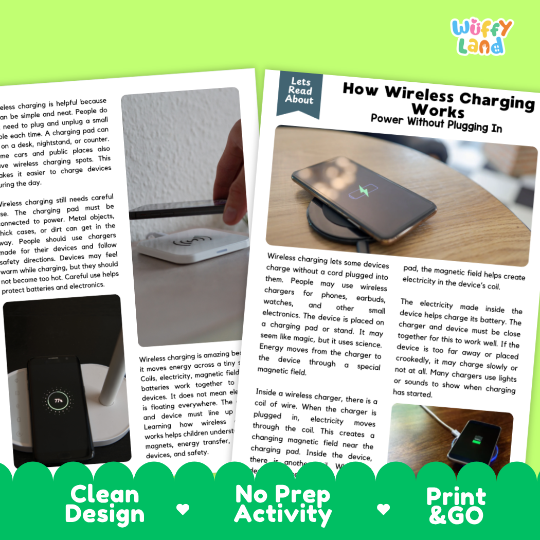 Teacher answer key page showing complete question solutions for How Wireless Charging Works physical science reading comprehension practice