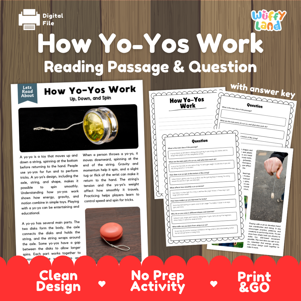 How Yo-Yos Work reading comprehension passage and questions activity pack with full answer key for students