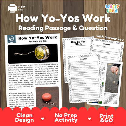How Yo-Yos Work reading comprehension passage and questions activity pack with full answer key for students