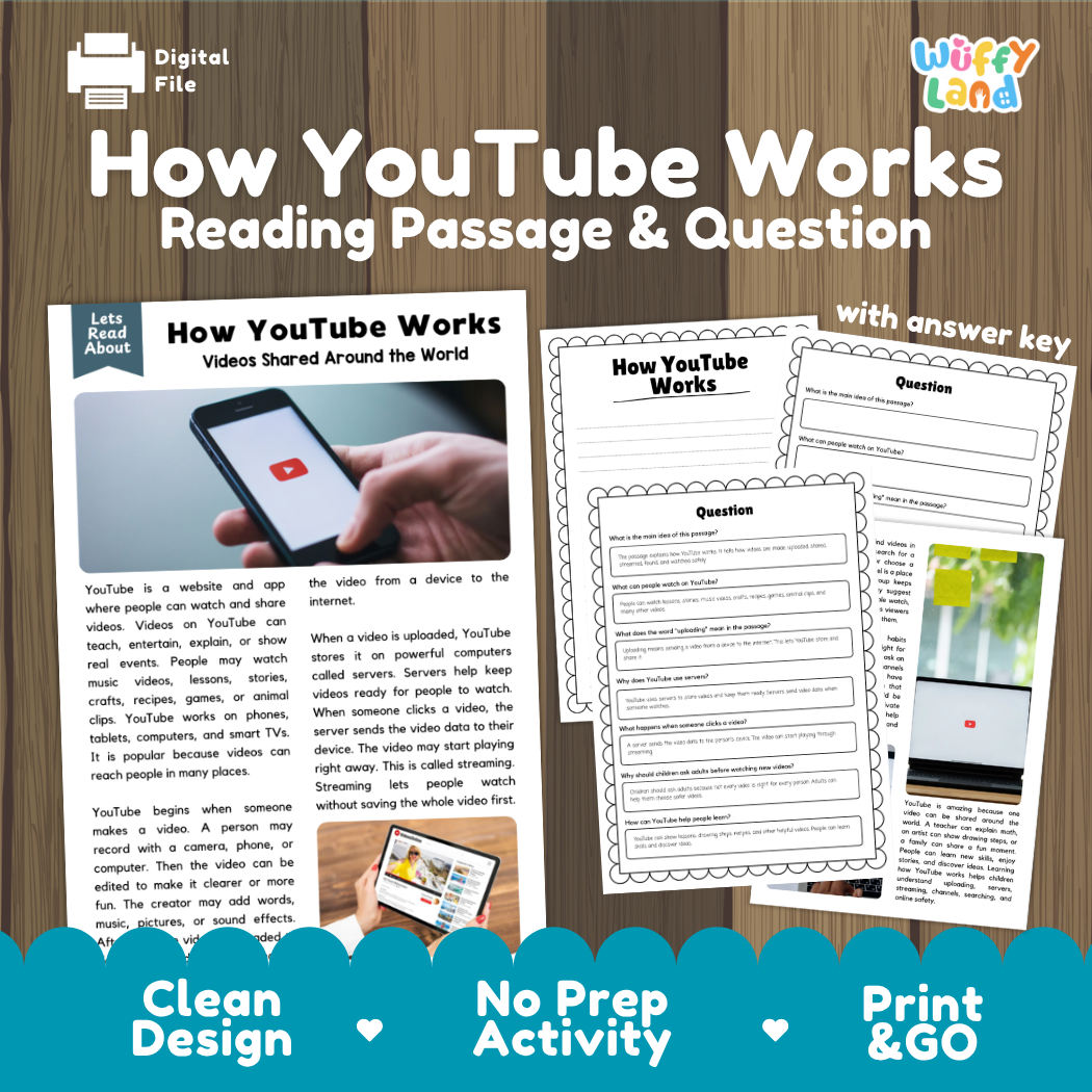 How YouTube Works reading comprehension passage and questions printable activity pack with answer key for elementary students