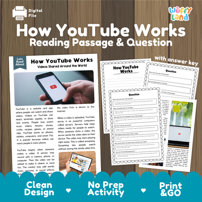 How YouTube Works reading comprehension passage and questions printable activity pack with answer key for elementary students