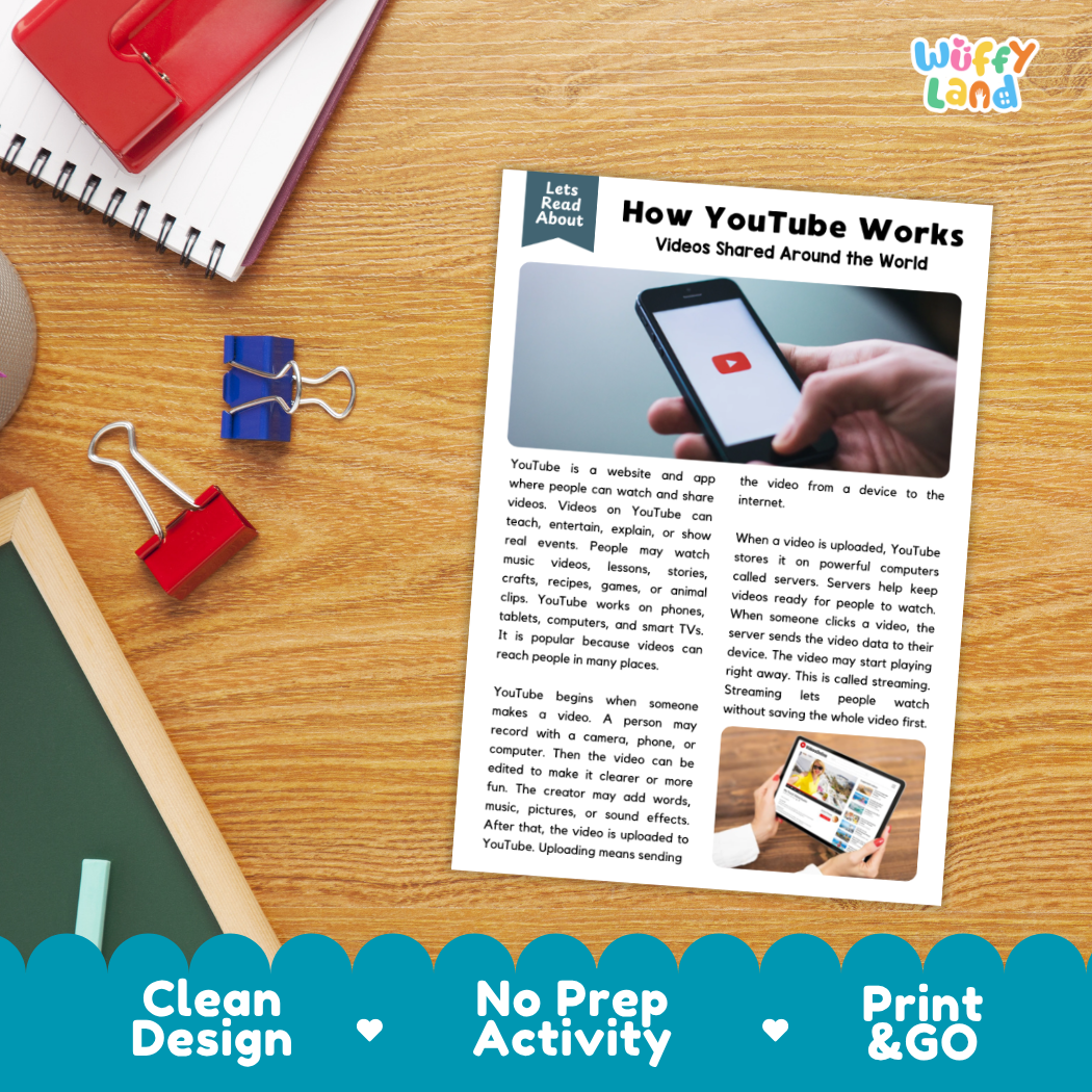 Student reading comprehension worksheet with short-answer questions and lined sections about how YouTube streaming works