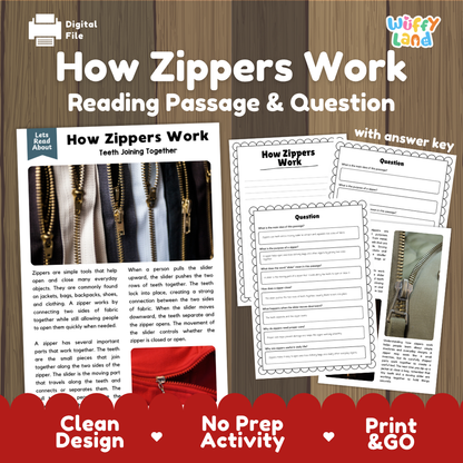 How Zippers Work reading comprehension passage and questions activity pack with full answer key for students