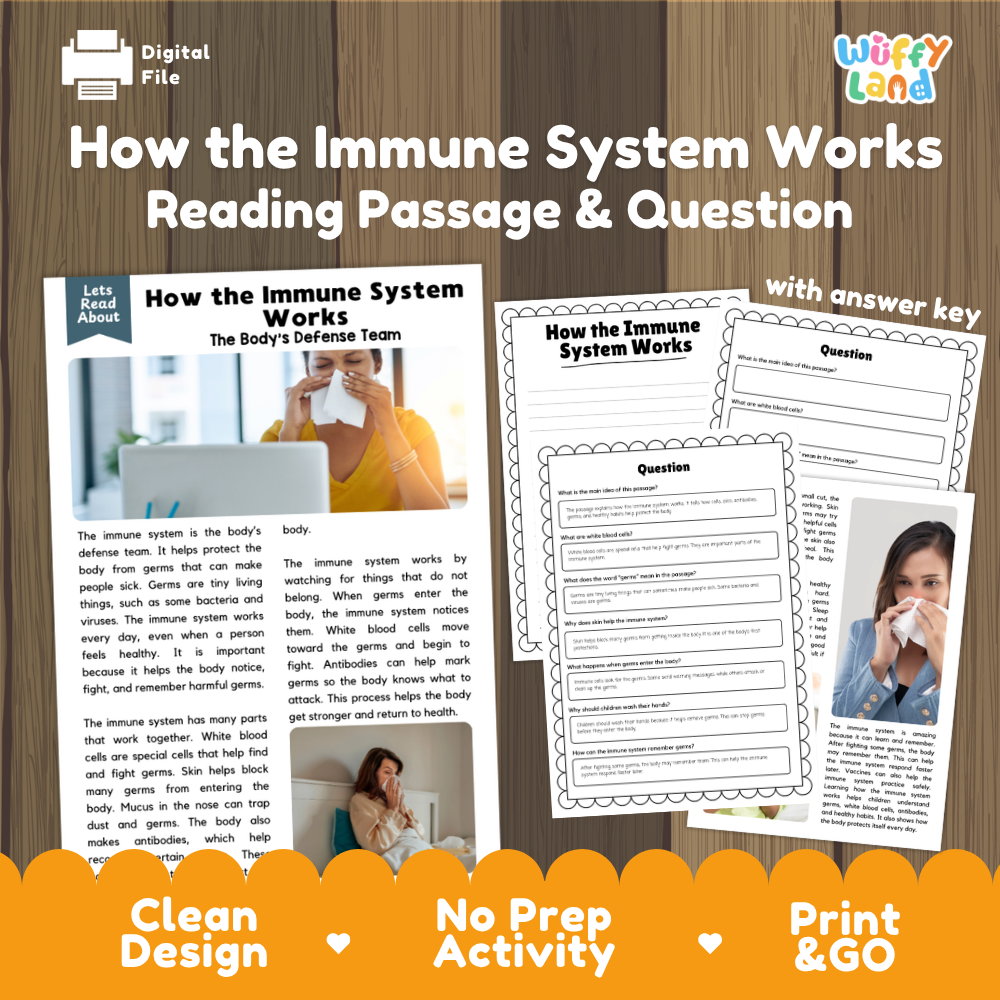 How the immune system works reading comprehension passage and questions printable activity pack with answer key for elementary students