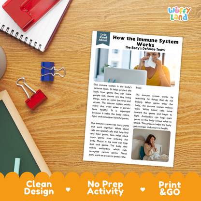 Student reading comprehension worksheet with short-answer questions and lined sections about the immune system