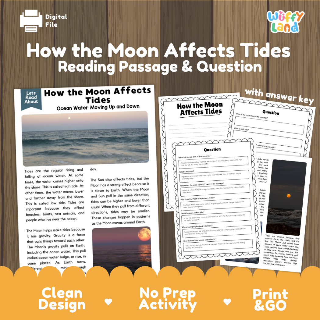 How the Moon Affects Tides reading comprehension passage and questions printable activity pack with answer key for elementary students