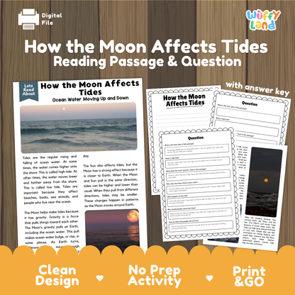 How the Moon Affects Tides reading comprehension passage and questions printable activity pack with answer key for elementary students