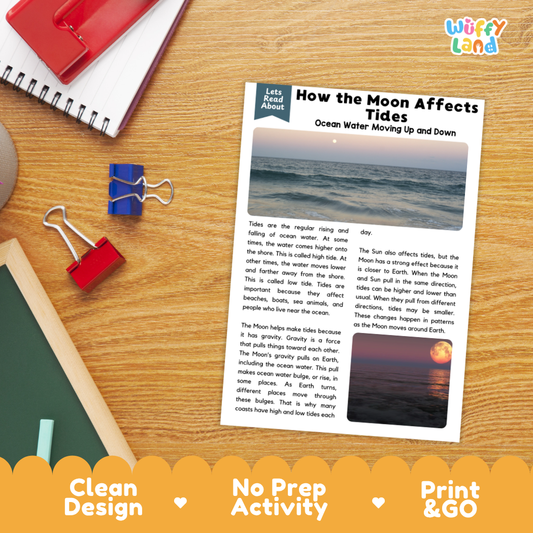 Student reading comprehension worksheet with short-answer questions and lined sections about lunar tides and ocean science