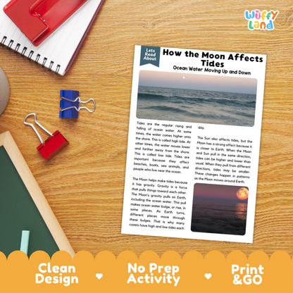 Student reading comprehension worksheet with short-answer questions and lined sections about lunar tides and ocean science