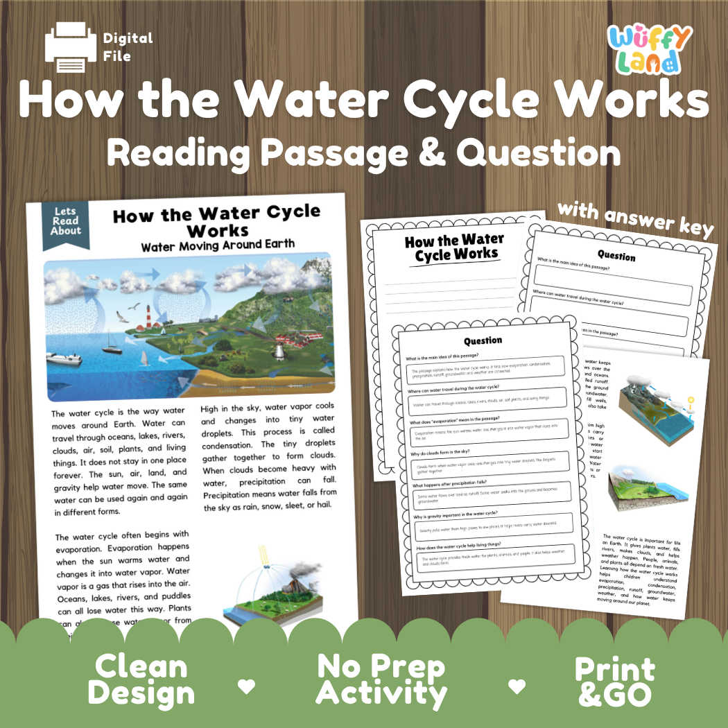 How the Water Cycle Works reading comprehension passage and questions activity pack with full answer key for students