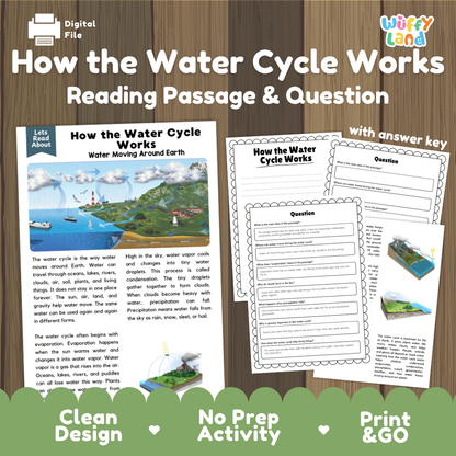 How the Water Cycle Works reading comprehension passage and questions activity pack with full answer key for students