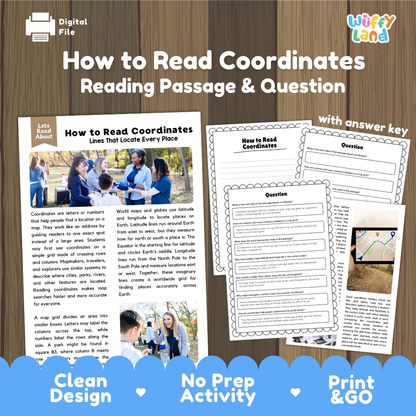 How to Read Coordinates reading comprehension passage and questions printable activity pack with answer key for elementary students