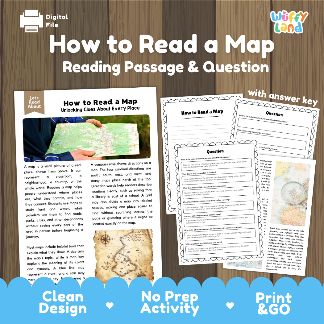 How to Read a Map reading comprehension passage and questions printable activity pack with answer key for elementary students