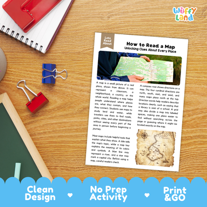 Student reading comprehension worksheet with short-answer questions and lined sections about reading maps