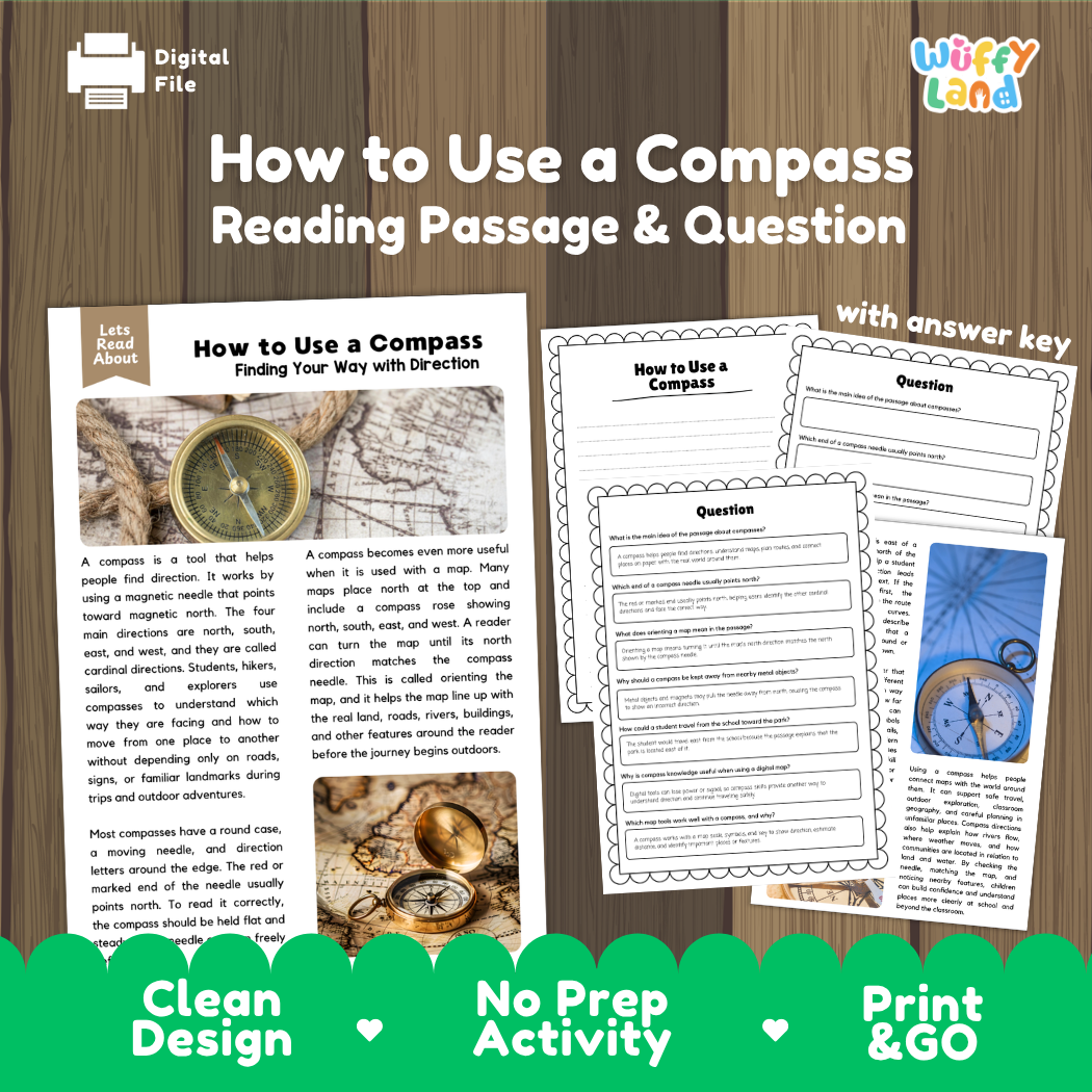 How to Use a Compass reading comprehension passage and questions printable activity pack with answer key for elementary students