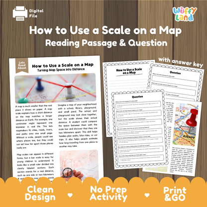 How to Use a Scale on a Map reading comprehension passage and questions printable activity pack with answer key for elementary students