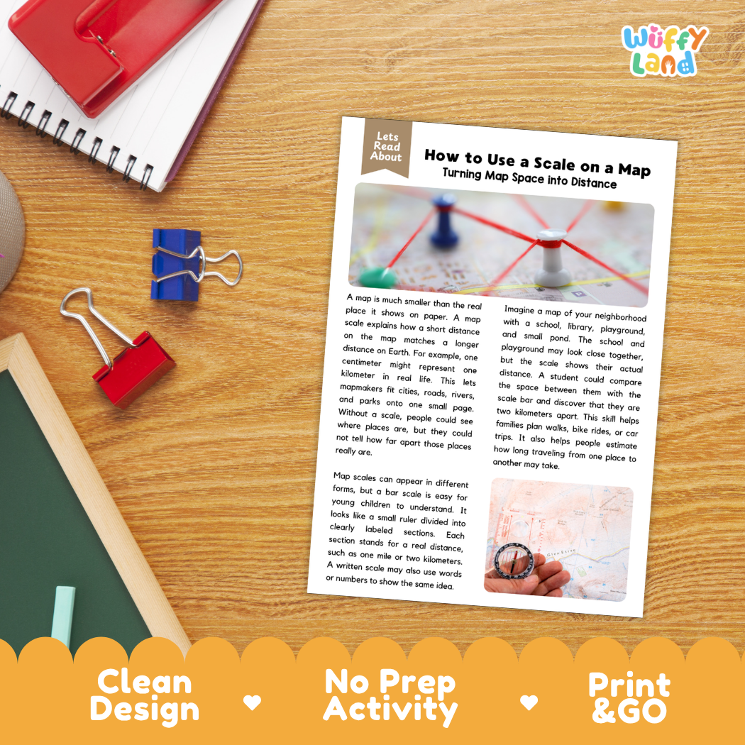 Student reading comprehension worksheet with short-answer questions and lined sections about using a map scale