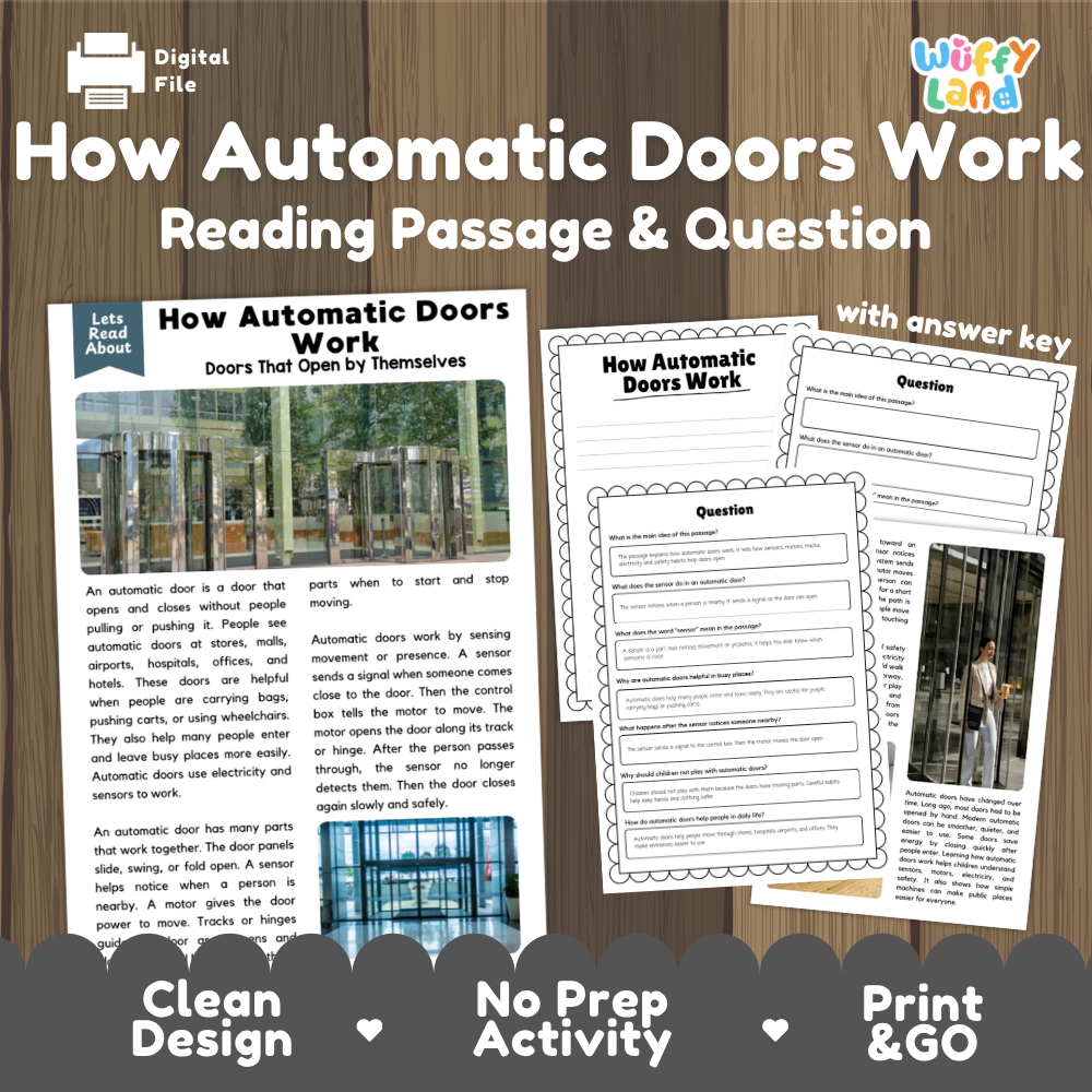 Digital educational resource cover for 'How Automatic Doors Work: Reading Passage & Question' by Wiffy Land, featuring a wood-grain background, sample text and image pages, and promotional badges for a clean design, no prep activity, and print-and-go format.