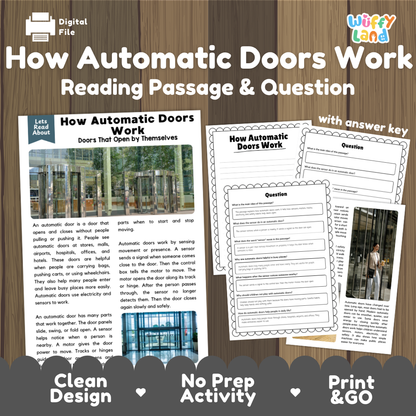 Digital educational resource cover for 'How Automatic Doors Work: Reading Passage & Question' by Wiffy Land, featuring a wood-grain background, sample text and image pages, and promotional badges for a clean design, no prep activity, and print-and-go format.
