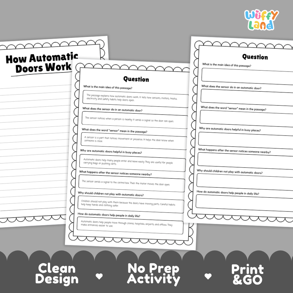 Three printable worksheet pages about automatic doors are shown on a gray background with promotional text reading 'Clean Design,' 'No Prep Activity,' and 'Print & GO.' The worksheets have black text and lines on white paper with decorative scalloped borders.