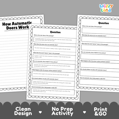 Three printable worksheet pages about automatic doors are shown on a gray background with promotional text reading 'Clean Design,' 'No Prep Activity,' and 'Print & GO.' The worksheets have black text and lines on white paper with decorative scalloped borders.