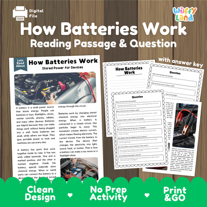 Digital reading activity sheet titled 'How Batteries Work: Reading Passage & Question' with a wooden background, preview pages, and green banner text at the bottom. Brand logo 'Wiffly Land' appears in the top right.