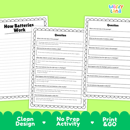 Three printable worksheet pages about batteries and a flashlight displayed on a bright green background, with the brand name 'Wiffly Land' in the top right and marketing text 'Clean Design', 'No Prep Activity', and 'Print & GO' along the bottom.