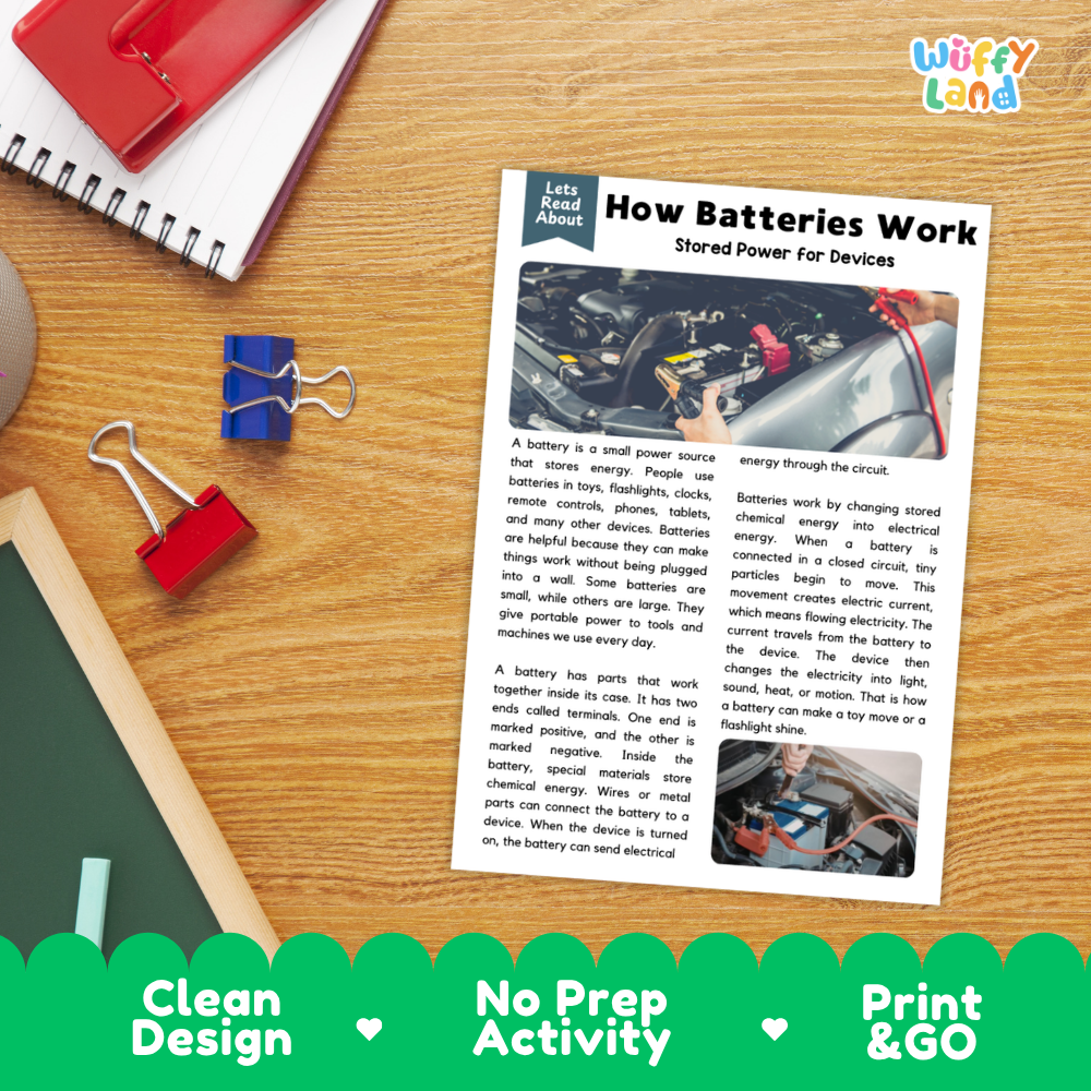 An educational activity sheet titled 'How Batteries Work' displayed on a wooden desk with a red spiral notebook, blue binder clips, and a red notebook. The sheet features text and small photos of batteries and circuit diagrams.