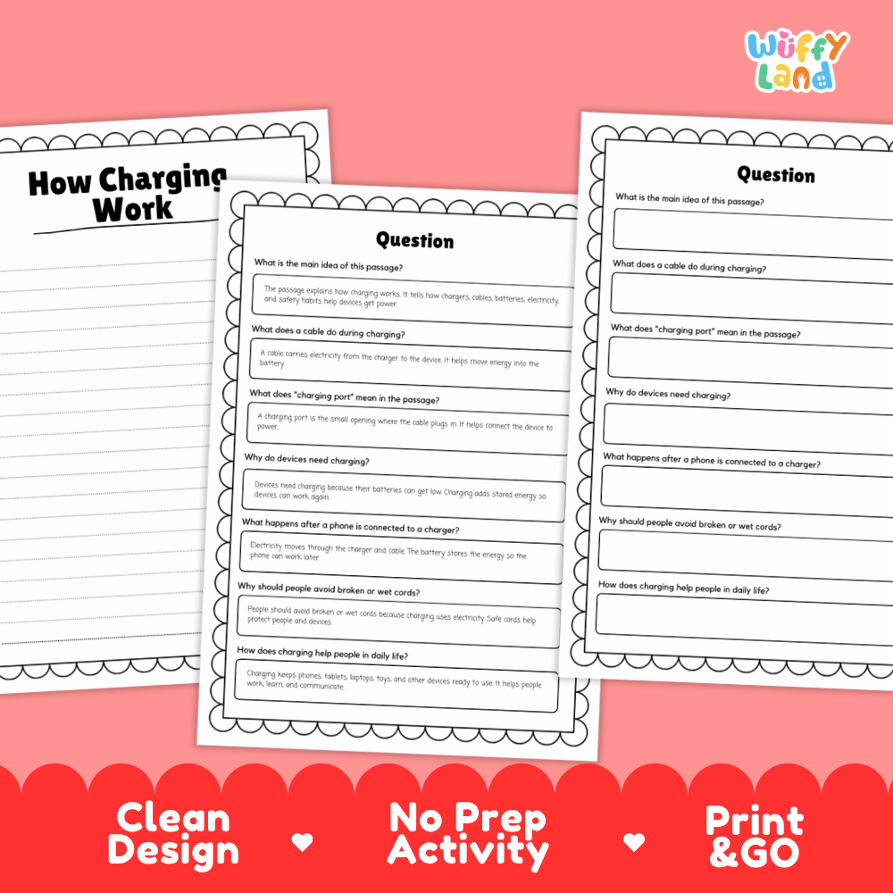 Three printable worksheet pages about charging phones are shown on a pink background with promotional text reading 'Clean Design,' 'No Prep Activity,' and 'Print & Go.' The sheets have black text and bordered edges, with the central page titled 'Question.
